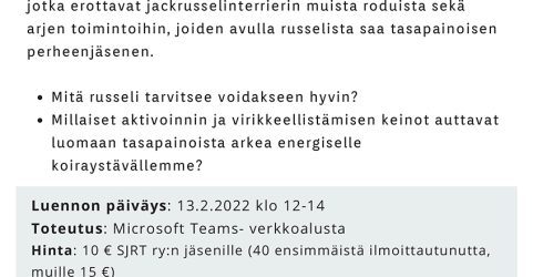Jackrussellinterrierin tasapainoinen arki -verkkoluento 13.2.2022